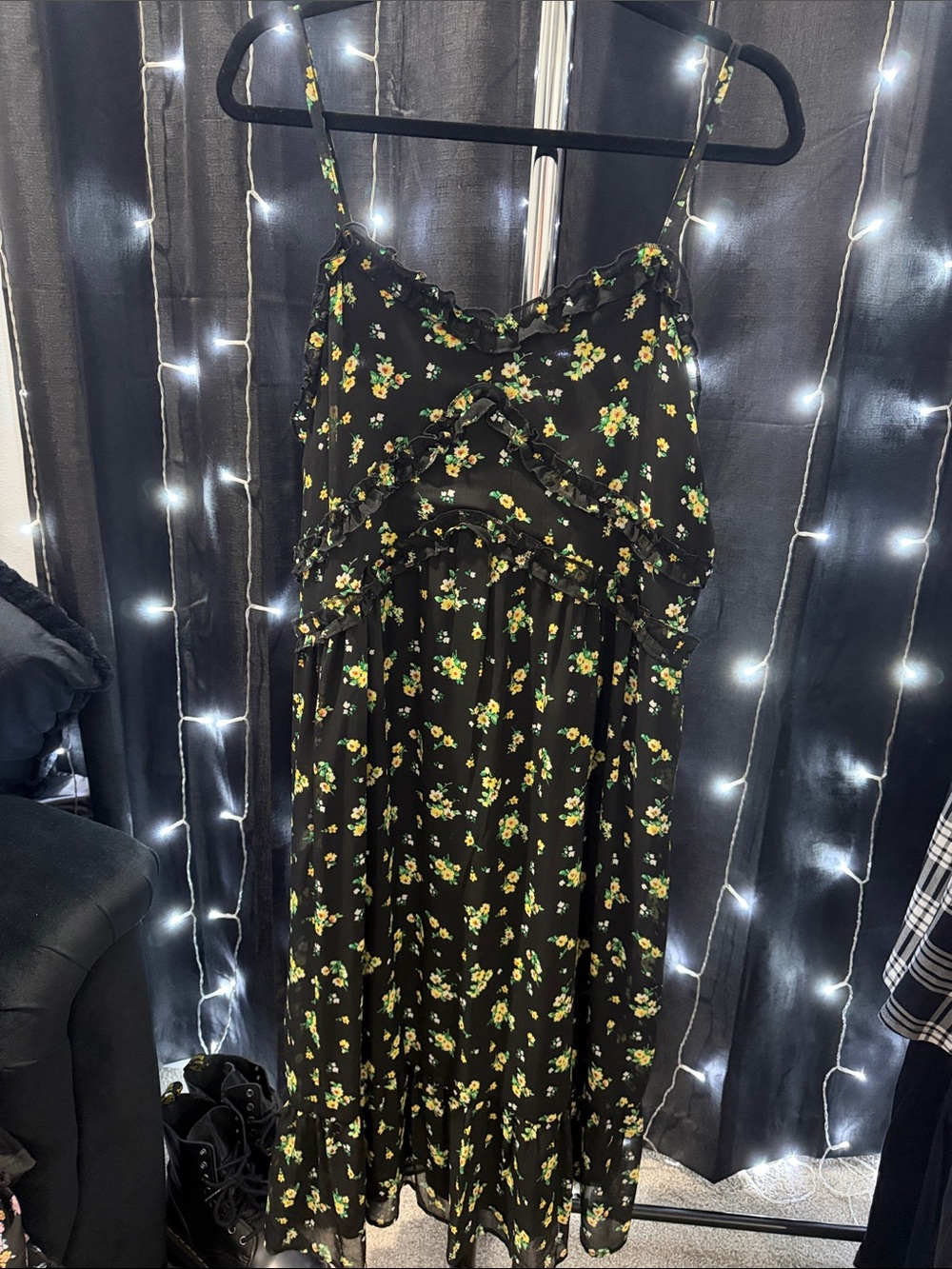 No Boundaries Black Floral Midi Dress with Yellow & Green Print